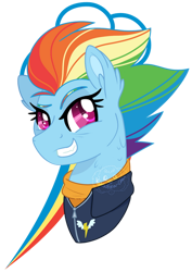 Size: 400x564 | Tagged: safe, artist:katsuforov-chan, imported from derpibooru, part of a set, rainbow dash, pegasus, pony, the last problem, bust, clothes, colored pupils, cutie mark, digital art, ear fluff, faic, grin, older, older rainbow dash, portrait, simple background, smiling, smirk, smug, smugdash, solo, transparent background, watermark