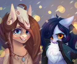 Size: 3150x2600 | Tagged: safe, artist:inarimayer, imported from derpibooru, oc, oc only, oc:ondrea, oc:tundra, pegasus, pony, chest fluff, duo, ear piercing, earring, face paint, female, high res, jewelry, looking at you, mare, necklace, piercing, skull, smiling, smiling at you, snow, snowfall
