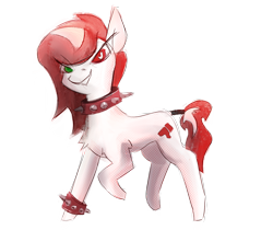 Size: 1736x1458 | Tagged: safe, artist:s410, imported from derpibooru, oc, oc:ryd, pony, collar, dislike, female, heterochromia, mare, no pupils, ponified, return youtube dislike, simple background, solo, spiked collar, spiked wristband, tail, tail wrap, transparent background, wristband