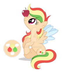 Size: 1280x1498 | Tagged: safe, artist:auroranovasentry, imported from derpibooru, oc, oc:zap cloud, pegasus, pony, apple, colored wings, deviantart watermark, female, food, magical lesbian spawn, mare, obtrusive watermark, offspring, parent:applejack, parent:rainbow dash, parents:appledash, simple background, solo, transparent background, two toned wings, watermark, wings