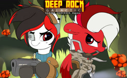 Size: 1280x781 | Tagged: safe, artist:joaothejohn, imported from derpibooru, oc, oc only, oc:tiorafa, earth pony, pegasus, pony, angry, cute, deep rock galactic, floppy ears, gun, gunner, looking back, mushroom, pickaxe, scout, text, weapon