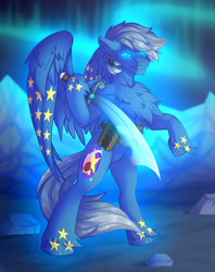 Size: 1809x2281 | Tagged: safe, artist:fkk, imported from derpibooru, oc, oc only, oc:sky star, pegasus, pony, aurora borealis, bipedal, blurry background, chest fluff, commission, eyebrows, glowing, glowing eyes, hoof hold, male, mountain, night, outdoors, sky, solo, stallion, sword, unshorn fetlocks, weapon, wings