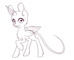 Size: 1831x1498 | Tagged: safe, artist:haine--chan, imported from derpibooru, oc, oc only, alicorn, pony, alicorn oc, bald, base, eyelashes, female, horn, lineart, mare, monochrome, raised hoof, simple background, smiling, solo, transparent background, wings