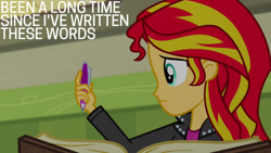Size: 1280x720 | Tagged: safe, edit, edited screencap, editor:quoterific, imported from derpibooru, screencap, sunset shimmer, equestria girls, rainbow rocks, book, clothes, female, jacket, leather, leather jacket, lockers, solo