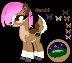 Size: 1228x1077 | Tagged: safe, artist:teonnakatztkgs, imported from derpibooru, oc, oc only, butterfly, deer, deer pony, original species, pony, base used, black background, cloven hooves, reference sheet, simple background, solo