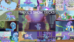 Size: 1280x721 | Tagged: safe, edit, edited screencap, editor:quoterific, imported from derpibooru, screencap, amethyst skim, applejack, cool beans, log jam, starlight glimmer, trixie, earth pony, pegasus, pony, unicorn, a horse shoe-in, boast busters, no second prances, road to friendship, season 1, season 6, season 7, season 8, season 9, to change a changeling, to where and back again, uncommon bond, spoiler:s08, spoiler:s09, ^^, applejack's hat, bipedal, brooch, cape, chalkboard, clothes, cowboy hat, cute, diatrixes, eyes closed, female, fireworks, flower, grin, hat, jewelry, magic, male, mare, school of friendship, smiling, smoke, stallion, sunny song, telekinesis, trixie's brooch, trixie's cape, trixie's hat, trixie's wagon, wagon