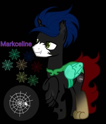 Size: 1007x1175 | Tagged: safe, artist:teonnakatztkgs, imported from derpibooru, oc, oc only, changeling, hybrid, base used, black background, changeling oc, male, raised hoof, reference sheet, simple background, smiling, solo