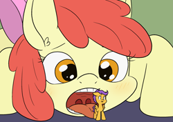 Size: 2121x1500 | Tagged: safe, artist:happy harvey, imported from derpibooru, apple bloom, scootaloo, earth pony, pegasus, pony, blushing, bow, ear fluff, esophagus, female, filly, foal, hair bow, imminent vore, looking down, macro, mawshot, micro, open mouth, phone drawing, predbloom, scootaprey, size difference, solo, spread wings, taste buds, tongue out, uvula, wings