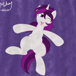 Size: 2800x2800 | Tagged: safe, artist:mihay, imported from derpibooru, oc, oc only, oc:curiosity cosmos, pony, unicorn, belly, horn, lying down, male, on back, pony oc, pudgy, satisfied, solo, stallion, tongue out, unicorn oc
