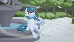 Size: 4267x2400 | Tagged: safe, artist:one4pony, derpibooru exclusive, imported from derpibooru, oc, oc only, oc:雾清, bird, pegasus, pony, 16:9, bush, cute, featured image, female, fog, fountain, high res, mare, mascot, outdoors, park, sitting, solo, statue, tree, wallpaper, water