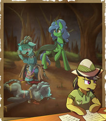 Size: 2815x3217 | Tagged: safe, artist:littletigressda, imported from derpibooru, daring do, earth pony, pegasus, pony, unicorn, fanfic:spectrum of lightning, series:daring did tales of an adventurer's companion, clearing, cloak, clothes, crying, dreadlocks, fanfic, fanfic art, gem, hat, high res, hoof on head, horn, jewelry, leg rings, necklace, open mouth, page, paper, shirt, tree