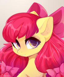 Size: 4000x4800 | Tagged: safe, artist:xsatanielx, imported from derpibooru, apple bloom, earth pony, pony, adorabloom, apple bloom's bow, bow, cute, ear fluff, female, filly, foal, hair bow, looking at you, smiling, solo, weapons-grade cute