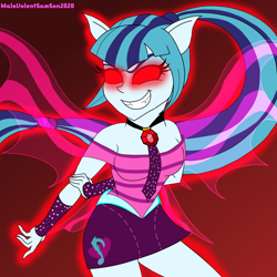 Size: 4409x4409 | Tagged: safe, alternate version, artist:dncsamsonart, imported from derpibooru, sonata dusk, equestria girls, absurd resolution, arm behind back, evil grin, fangs, female, gem, glowing, glowing eyes, grin, pony ears, red eyes, siren gem, smiling, solo, wings