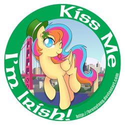 Size: 1000x1000 | Tagged: safe, artist:bronyfang, imported from derpibooru, oc, oc only, oc:golden gates, pegasus, pony, ;p, babscon, babscon mascots, clover, female, four leaf clover, golden gate bridge, hat, irish, kiss me, mare, no pupils, one eye closed, simple background, solo, tongue out, transparent background, uncial script