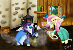 Size: 2344x1594 | Tagged: safe, artist:ebonypegasus, imported from derpibooru, fluttershy, rarity, pegasus, pony, unicorn, book, broom, cleaning, clothes, cottage, duo, eyes closed, fairy tale, female, pinkie tales, sleeping beauty, slumberjack, sneezing, stove