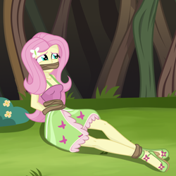 Size: 2000x2000 | Tagged: safe, artist:splendidbondage, imported from derpibooru, fluttershy, equestria girls, ankle tied, bondage, bound and gagged, clothes, female, gag, skirt, solo, vine, vine bondage, vine gag