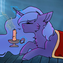 Size: 500x500 | Tagged: safe, artist:galaxy-starsowo, artist:greenmarta, imported from derpibooru, princess luna, alicorn, pony, candle, collaboration, eyes closed, female, glowing, glowing horn, horn, magic, solo, telekinesis