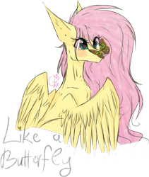 Size: 1440x1706 | Tagged: safe, artist:greenmarta, artist:jemmiej18, imported from derpibooru, fluttershy, butterfly, pegasus, pony, butterfly on nose, collaboration, female, insect on nose, messy mane, simple background, solo, transparent background