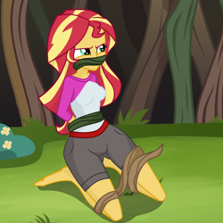 Size: 2000x2000 | Tagged: safe, artist:splendidbondage, imported from derpibooru, sunset shimmer, equestria girls, bondage, bound and gagged, clothes, female, gag, hands behind back, kneeling, shorts, solo, vine, vine bondage, vine gag