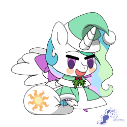 Size: 9934x9934 | Tagged: safe, artist:dimanizma, imported from derpibooru, princess celestia, alicorn, pony, absurd resolution, anime, bag, chibi, christmas, clothes, costume, cute, fate/stay night, female, filly, foal, happy new year, hat, hearth's warming eve, holiday, horn, padoru, santa costume, santa hat, simple background, solo, spread wings, transparent background, watermark, wings