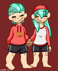 Size: 1458x1787 | Tagged: safe, artist:walpurgie, imported from derpibooru, barley barrel, pickle barrel, human, rainbow roadtrip, barrel twins, brother and sister, clothes, eyes closed, female, holding hands, hoodie, humanized, male, shorts, siblings, smiling, twins