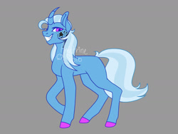 Size: 1280x960 | Tagged: safe, artist:ametrinesolo, imported from derpibooru, trixie, pony, unicorn, female, gray background, grin, looking at you, mare, missing cutie mark, raised hoof, redesign, signature, simple background, smiling, smiling at you, solo