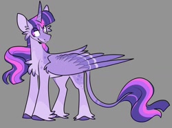 Size: 1282x948 | Tagged: safe, artist:rockin_candies, imported from derpibooru, twilight sparkle, alicorn, pony, alternate design, butt fluff, curved horn, female, freckles, gray background, horn, leonine tail, simple background, smiling, solo, tail, twilight sparkle (alicorn), unshorn fetlocks, wings