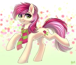 Size: 3200x2750 | Tagged: safe, artist:hakaina, imported from derpibooru, roseluck, earth pony, pony, bubble, cheek fluff, clothes, cute, ear fluff, eyelashes, female, full body, green eyes, high res, hock fluff, leg fluff, looking at you, mare, raised hoof, raised leg, rosabetes, scarf, shading, signature, smiling, smiling at you, solo, standing on two hooves, striped scarf, tail, teeth