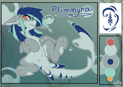 Size: 2566x1819 | Tagged: safe, artist:beardie, imported from derpibooru, oc, oc only, oc:plimmyra, original species, shark, shark pony, belly fluff, bubble, chest fluff, color palette, commission, cutie mark, eye clipping through hair, fish tail, floppy ears, high res, hoof on chest, looking at you, lying down, no pupils, on back, pale belly, red eyes, reference sheet, shark tail, smiling, smiling at you, solo, spread legs, spreading, tail, underhoof, underwater, water