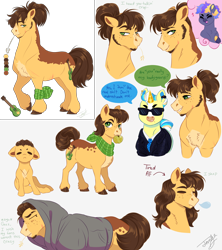 Size: 4000x4500 | Tagged: safe, artist:theartfox2468, imported from derpibooru, oc, oc only, oc:butterscotch baritone, oc:golden russet, oc:lightning bolt spectrum, earth pony, pegasus, pony, unicorn, apple, bandana, blanket, chest fluff, clothes, colt, ear piercing, earpiece, earring, foal, food, freckles, gay, grin, heart, jewelry, lip piercing, magical lesbian spawn, male, markings, necktie, nonbinary, oc x oc, offspring, parent:applejack, parent:bon bon, parent:caramel, parent:lyra heartstrings, parent:rainbow dash, parent:soarin', parents:carajack, parents:lyrabon, parents:soarindash, piercing, scar, shipping, shirt, simple background, sleeping, smiling, suit, sunglasses, tired, unshorn fetlocks, white background
