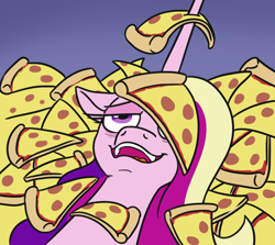 Size: 662x590 | Tagged: safe, artist:jargon scott, imported from derpibooru, princess cadance, alicorn, pony, female, food, gradient background, horn, horn impalement, lidded eyes, lying down, mare, meat, on back, open mouth, open smile, peetzer, pepperoni, pepperoni pizza, pizza, smiling, solo, that pony sure does love pizza