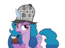 Size: 1280x960 | Tagged: safe, artist:detectivefrankie, imported from derpibooru, izzy moonbow, pony, unicorn, deerstalker, detective, detective izzy, female, g4, g5, g5 to g4, hat, horn, mare, my little pony: a new generation, pipe, sherlock holmes, simple background, solo, transparent background