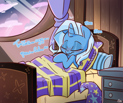 Size: 1500x1260 | Tagged: safe, artist:lou, derpibooru exclusive, imported from derpibooru, trixie, pony, unicorn, bed, bedroom, clothes, cottagecore, cute, diatrixes, eyes closed, female, hat, mare, onomatopoeia, pillow, signature, sleeping, smiling, solo, sound effects, sweet dreams fuel, text, trixie's hat, window, zzz