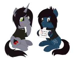 Size: 2015x1580 | Tagged: safe, artist:dyonys, imported from derpibooru, oc, earth pony, pony, undead, zombie, zombie pony, blushing, bring me the horizon, clothes, commission, disguise, disguised siren, duo, duo male, fangs, gay, holiday, horn, jewelry, kellin quinn, male, necklace, oliver sykes, scar, shipping, shirt, sign, simple background, sitting, sleeping with sirens, slit pupils, smiling, stallion, stallion on stallion, stitches, tattoo, text, torn ear, transparent background, valentine, valentine's day, ych result