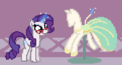 Size: 659x350 | Tagged: safe, artist:dyonys, imported from derpibooru, rarity, pony, unicorn, animated, carousel boutique, clothes, dress, female, glasses, magic, mare, pixel art, sewing