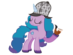 Size: 1280x960 | Tagged: safe, artist:detectivefrankie, imported from derpibooru, izzy moonbow, pony, unicorn, backwards cutie mark, deerstalker, detective, detective izzy, eyes closed, female, g4, g5, g5 to g4, hat, mare, my little pony: a new generation, pipe, sherlock holmes, simple background, solo, transparent background