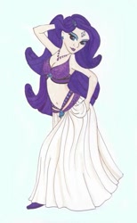 Size: 369x600 | Tagged: safe, artist:musicalfan2021, imported from derpibooru, rarity, human, belly dancer, belly dancer outfit, blue background, breasts, cleavage, female, humanized, jewelry, looking at you, necklace, simple background, solo
