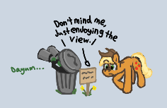 Size: 236x153 | Tagged: source needed, useless source url, safe, artist:anonymous, applejack, oc, oc:anon, earth pony, human, pony, aggie.io, binoculars, dialogue, female, hat, mare, sign, simple background, text, trash can