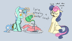 Size: 632x362 | Tagged: source needed, useless source url, safe, artist:firecracker, artist:hattsy, bon bon, lyra heartstrings, sweetie drops, earth pony, pony, unicorn, aggie.io, bon bon is not amused, clothes, coat, dialogue, female, magic, mare, open mouth, pun, simple background, sitting, smiling, telekinesis, text, unamused, vulgar, water, watering can