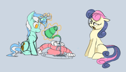 Size: 632x362 | Tagged: source needed, useless source url, safe, artist:firecracker, artist:hattsy, bon bon, lyra heartstrings, sweetie drops, earth pony, pony, unicorn, aggie.io, bon bon is not amused, clothes, coat, female, magic, mare, open mouth, pun, simple background, sitting, smiling, telekinesis, unamused, water, watering can