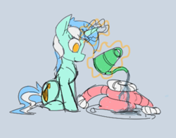 Size: 404x317 | Tagged: source needed, useless source url, safe, artist:firecracker, lyra heartstrings, pony, unicorn, aggie.io, clothes, coat, female, magic, mare, pun, simple background, sitting, smiling, solo, telekinesis, water, watering can