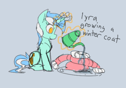 Size: 454x317 | Tagged: source needed, useless source url, safe, artist:firecracker, lyra heartstrings, pony, unicorn, aggie.io, clothes, coat, female, magic, mare, pun, simple background, sitting, smiling, solo, telekinesis, text, water, watering can