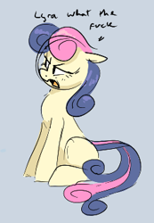 Size: 237x343 | Tagged: source needed, useless source url, safe, artist:hattsy, bon bon, sweetie drops, earth pony, pony, aggie.io, bon bon is not amused, dialogue, female, mare, open mouth, simple background, sitting, solo, text, unamused, vulgar