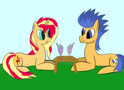 Size: 1280x930 | Tagged: safe, artist:icedragon2269, imported from derpibooru, flash sentry, sunset shimmer, pegasus, pony, unicorn, equestria girls, female, flashimmer, grin, looking at each other, looking at someone, lying down, male, milkshake, prone, shipping, smiling, straight