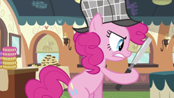 Size: 994x559 | Tagged: safe, imported from derpibooru, screencap, pinkie pie, earth pony, pony, mmmystery on the friendship express, season 2, bipedal, cake, deerstalker, detective, female, food, hat, magnifying glass, mare, narrowed eyes, sherlock holmes, sherlock pie, solo