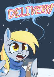 Size: 1400x2000 | Tagged: safe, artist:storyteller, imported from derpibooru, derpy hooves, ditzy doo, pegasus, pony, box, breath, clothes, cute, female, mare, package, scarf, snow, solo, speech bubble, yelling