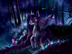 Size: 2048x1536 | Tagged: safe, artist:andley, imported from derpibooru, oc, oc only, oc:shining dusk, alicorn, pony, crown, crystal, dream, female, flower, forest, grass, jewelry, magic, mare, night, regalia, smiling, solo, tattoo, tree, walking, water