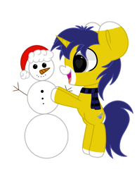 Size: 789x1013 | Tagged: safe, artist:starbatto, imported from derpibooru, oc, oc only, oc:seigwestwood, pony, unicorn, chibi, christmas, clothes, happy, hat, holiday, male, santa hat, scarf, simple background, snowman, solo, transparent background