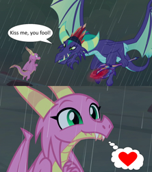 Size: 1280x1440 | Tagged: safe, edit, edited screencap, imported from derpibooru, screencap, dragon, the hearth's warming club, a dream come true, bloodstone scepter, crack shipping, dragon lord, dragoness, female, gaius, heart, kiss me you fool, male, rain, scaius, scales (g4), shipping, shipping domino, speech bubble, straight, thought bubble