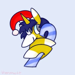 Size: 1000x1000 | Tagged: safe, artist:vommutt, imported from derpibooru, oc, oc only, oc:seigwestwood, pony, unicorn, candy, candy cane, christmas, commission, food, hat, holiday, male, minimalist, santa hat, simple background, solo, ych result